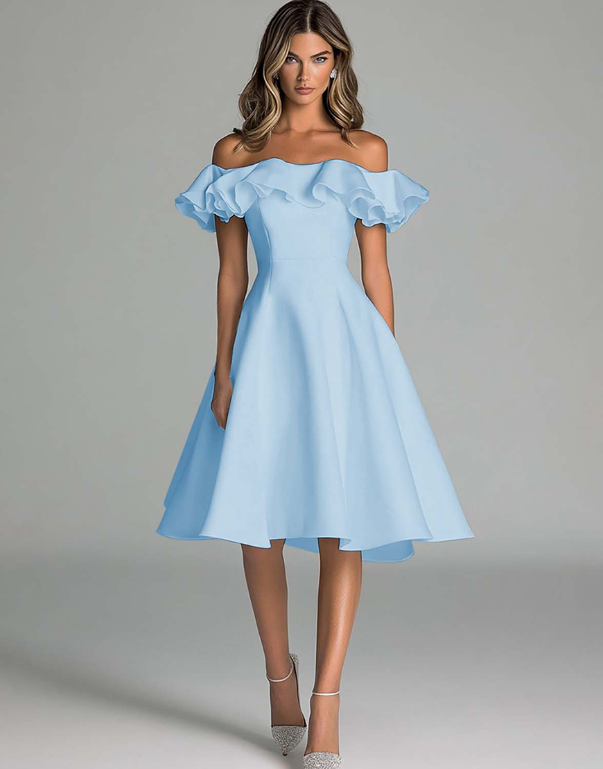 A Line Satin Off the Shoulder Little White Graduation Dress with Ruffles