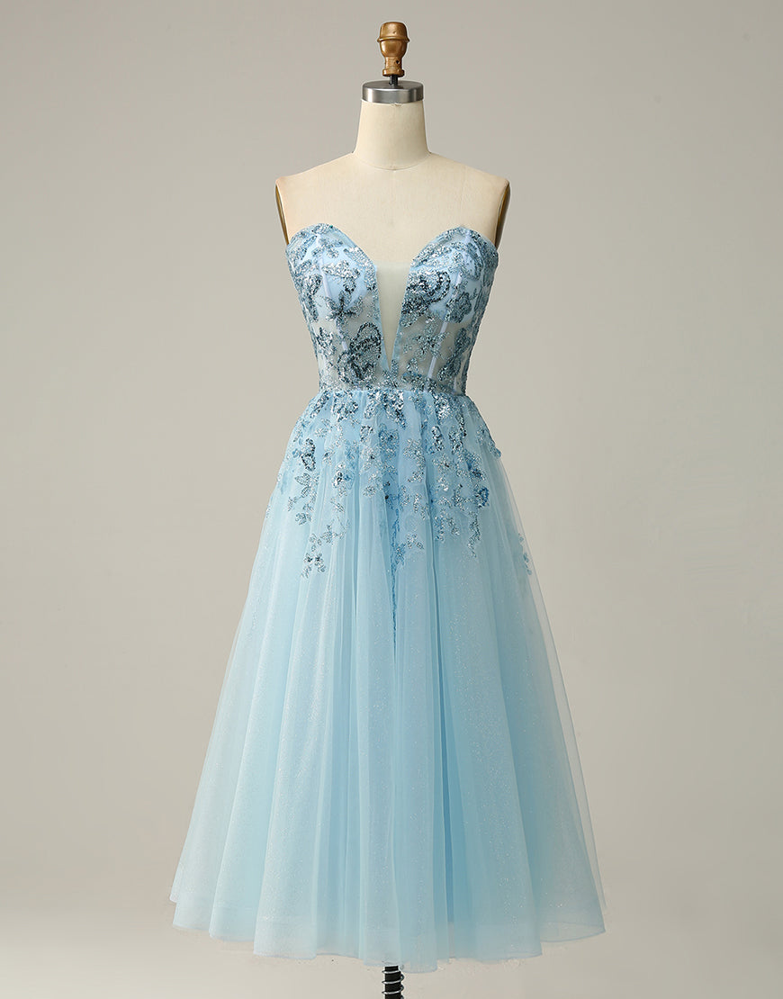 Sky Blue A-Line Tea Length Strapless Party Dress With Beading
