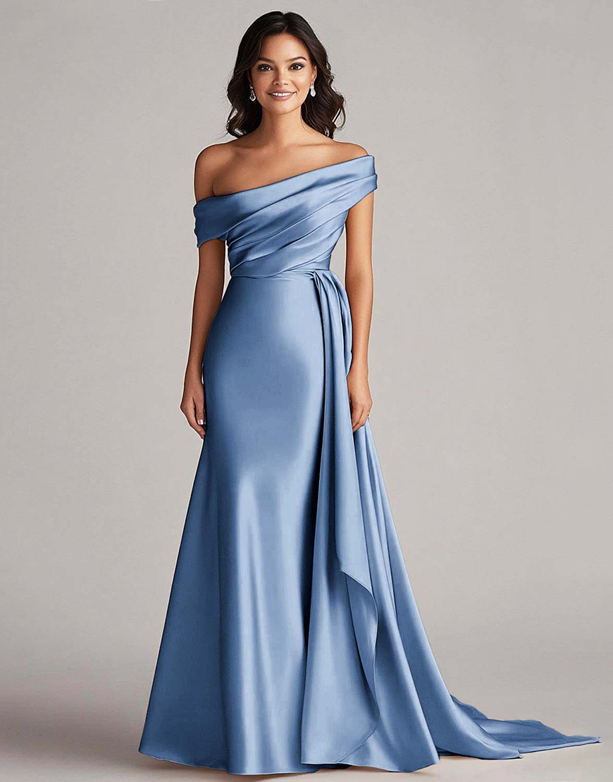 Elegant Champagne One Shoulder Bodycon Satin Long Prom Dress With Ruffles