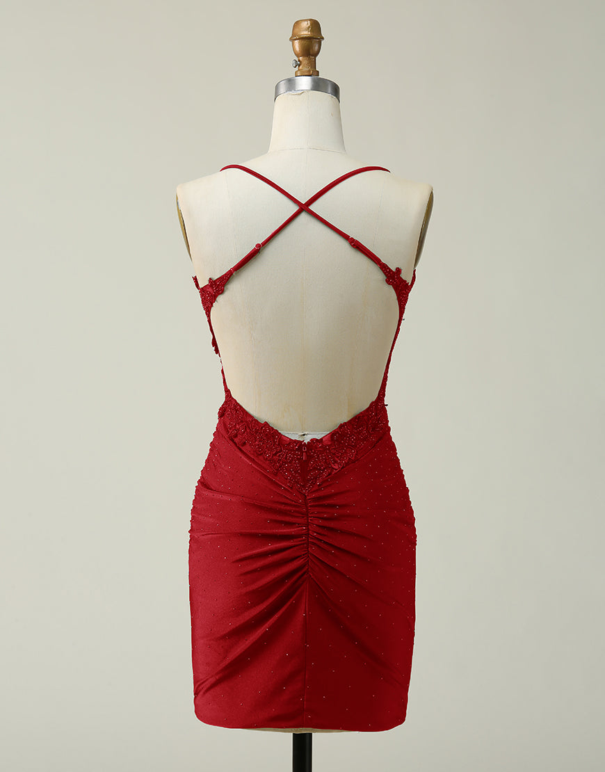 Dark Red Bodycon Spaghetti Straps Short Homecoming Dress