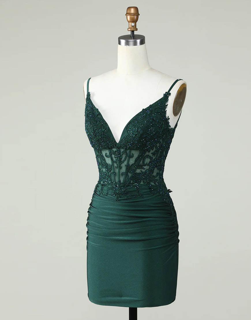 Spaghetti Straps Dark Green Short Tight Homecoming Party Dress