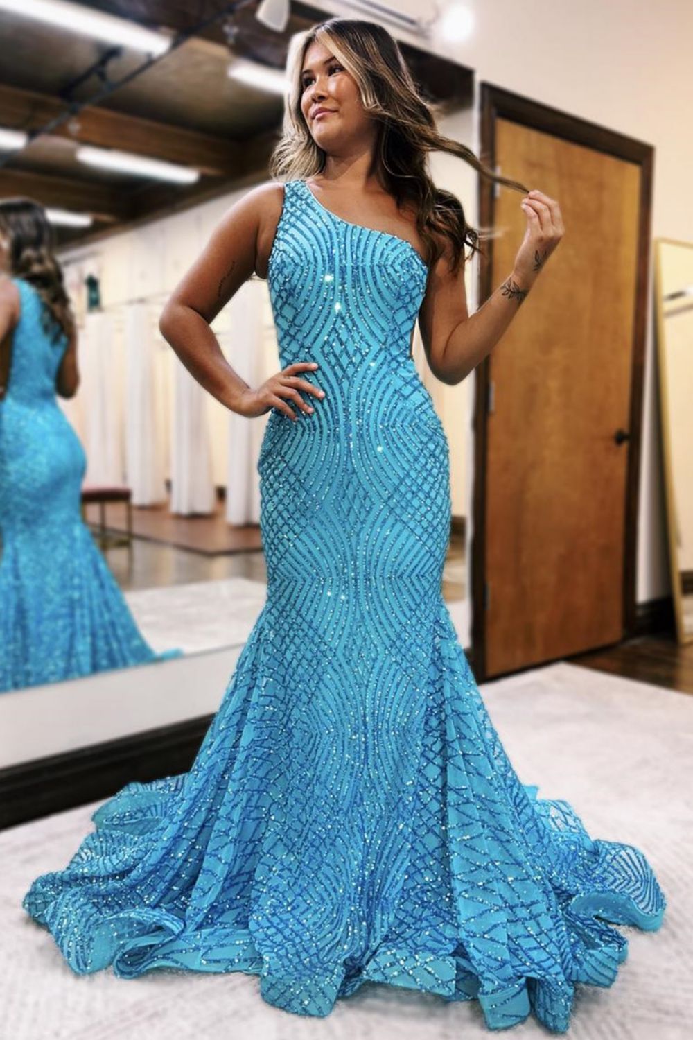 Sparkly Blue Mermaid One Shoulder Sequins Long Prom Dress