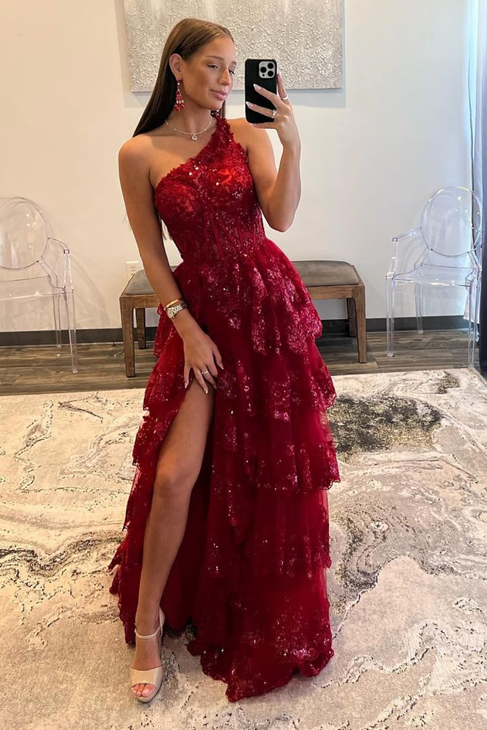 Sparkly Dark Red A-Line One Shoulder Long Tiered Prom Dress With Slit
