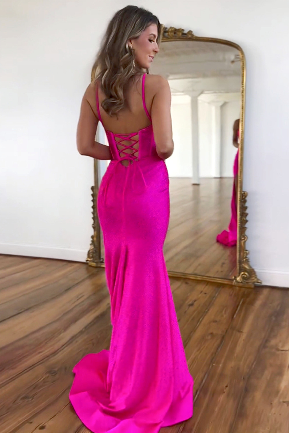 Sparkly Fuchsia Spaghetti Straps Lace Up Long Beaded Prom Dress With Slit