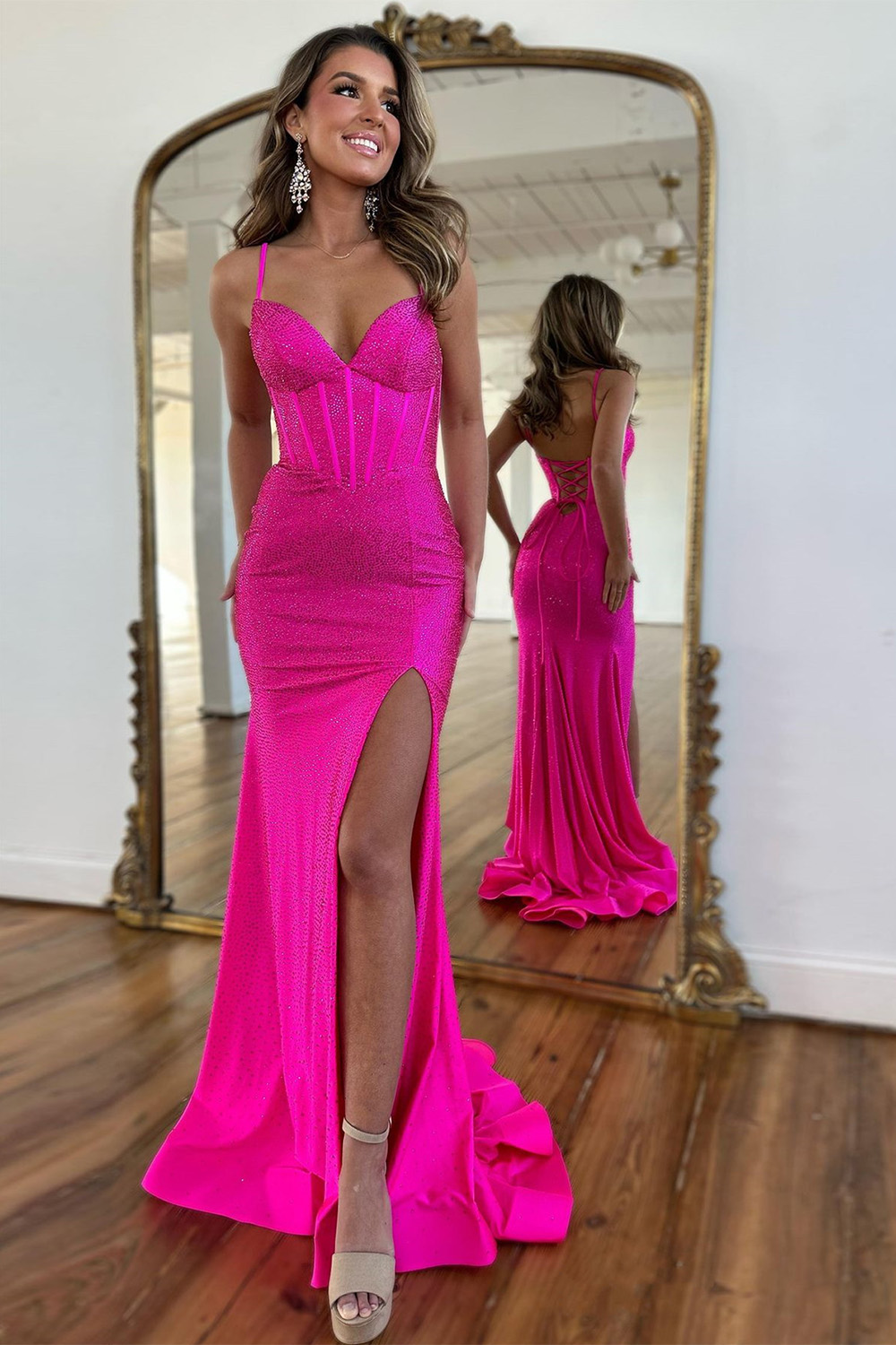 Sparkly Fuchsia Spaghetti Straps Lace Up Long Beaded Prom Dress With Slit