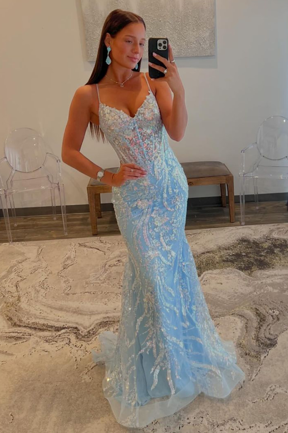 Sparkly Light Blue Mermaid Spaghetti Straps Long Prom Dress With Sequin