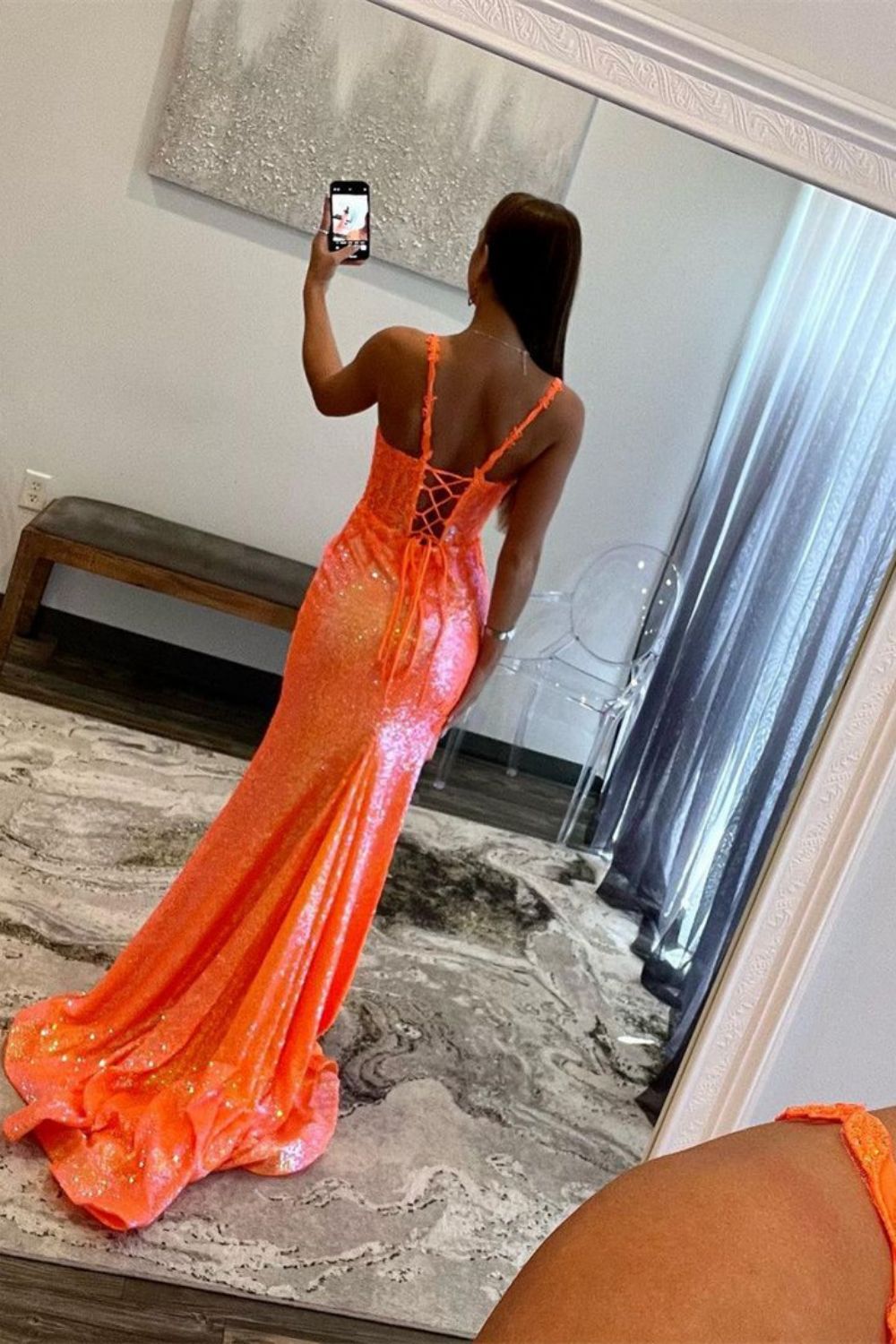 Sparkly Orange Mermaid Spaghetti Straps Long Sequin Prom Dress