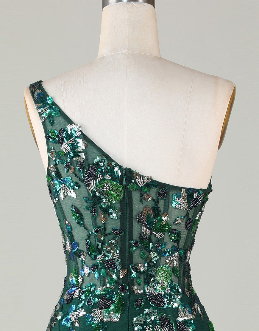 Sparkly Dark Green One Shoulder Beaded Homecoming Dress with Feather