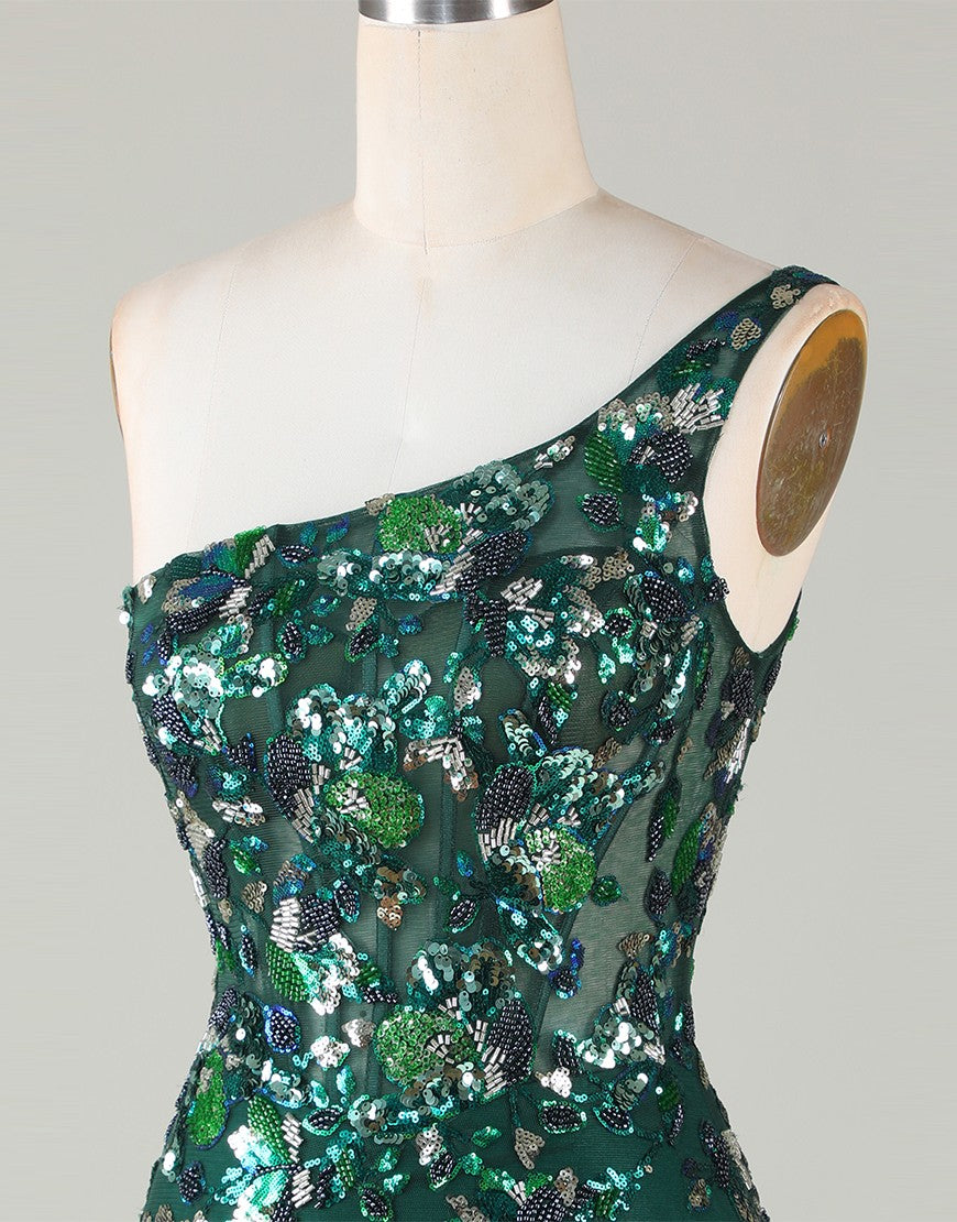 Sparkly Dark Green One Shoulder Beaded Homecoming Dress with Feather