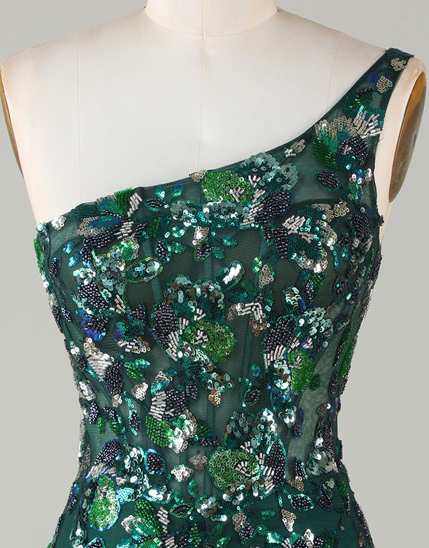 Sparkly Dark Green One Shoulder Beaded Homecoming Dress with Feather