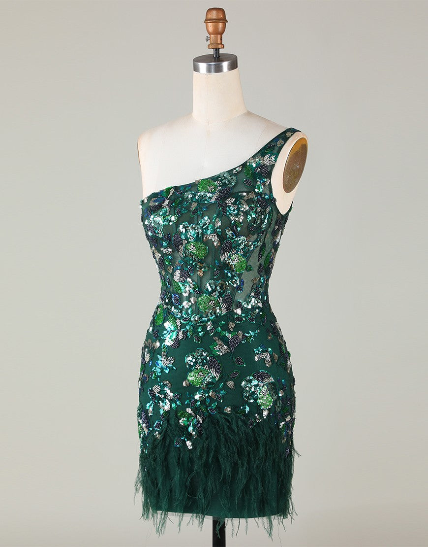 Sparkly Dark Green One Shoulder Beaded Homecoming Dress with Feather