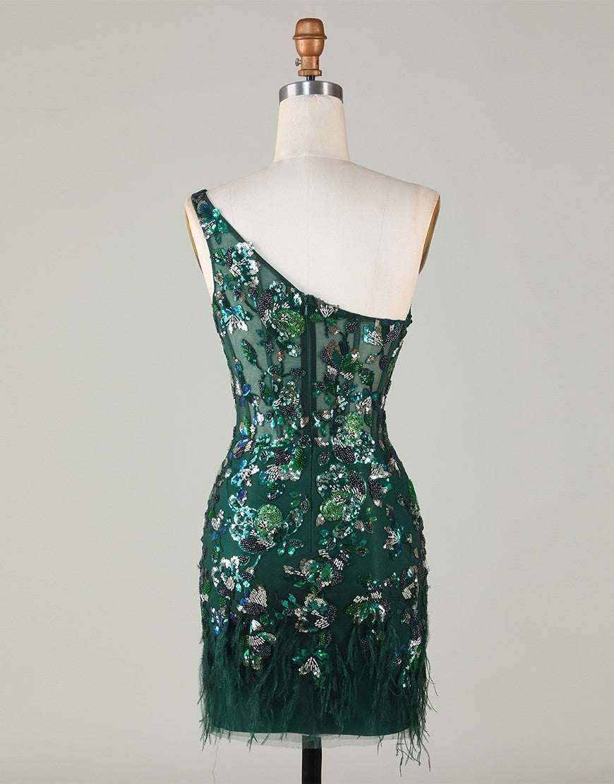 Sparkly Dark Green One Shoulder Beaded Homecoming Dress with Feather