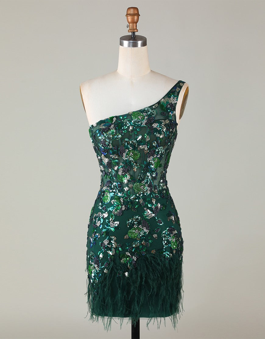 Sparkly Dark Green One Shoulder Beaded Homecoming Dress with Feather