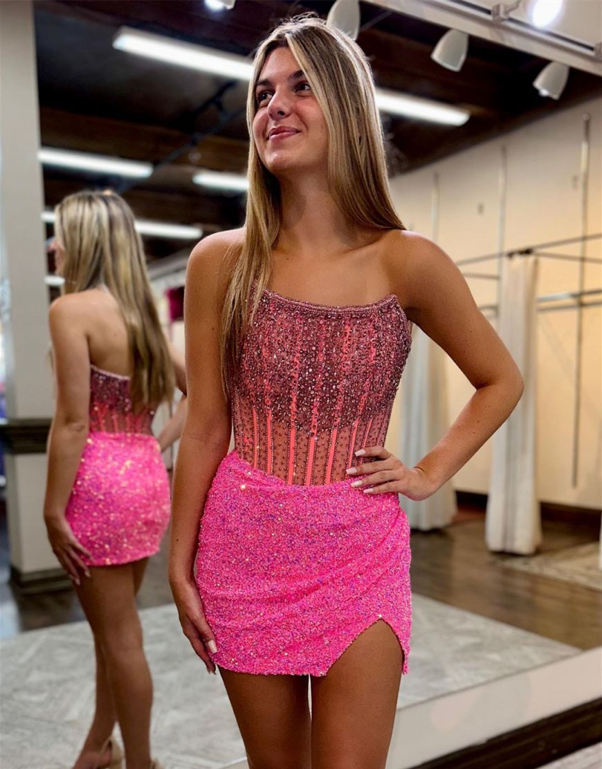 Berlinnova Women Sparkly Hot Pink Homecoming Dress Tight Strapless Rhinestones Corset Sequins Short Prom Dress