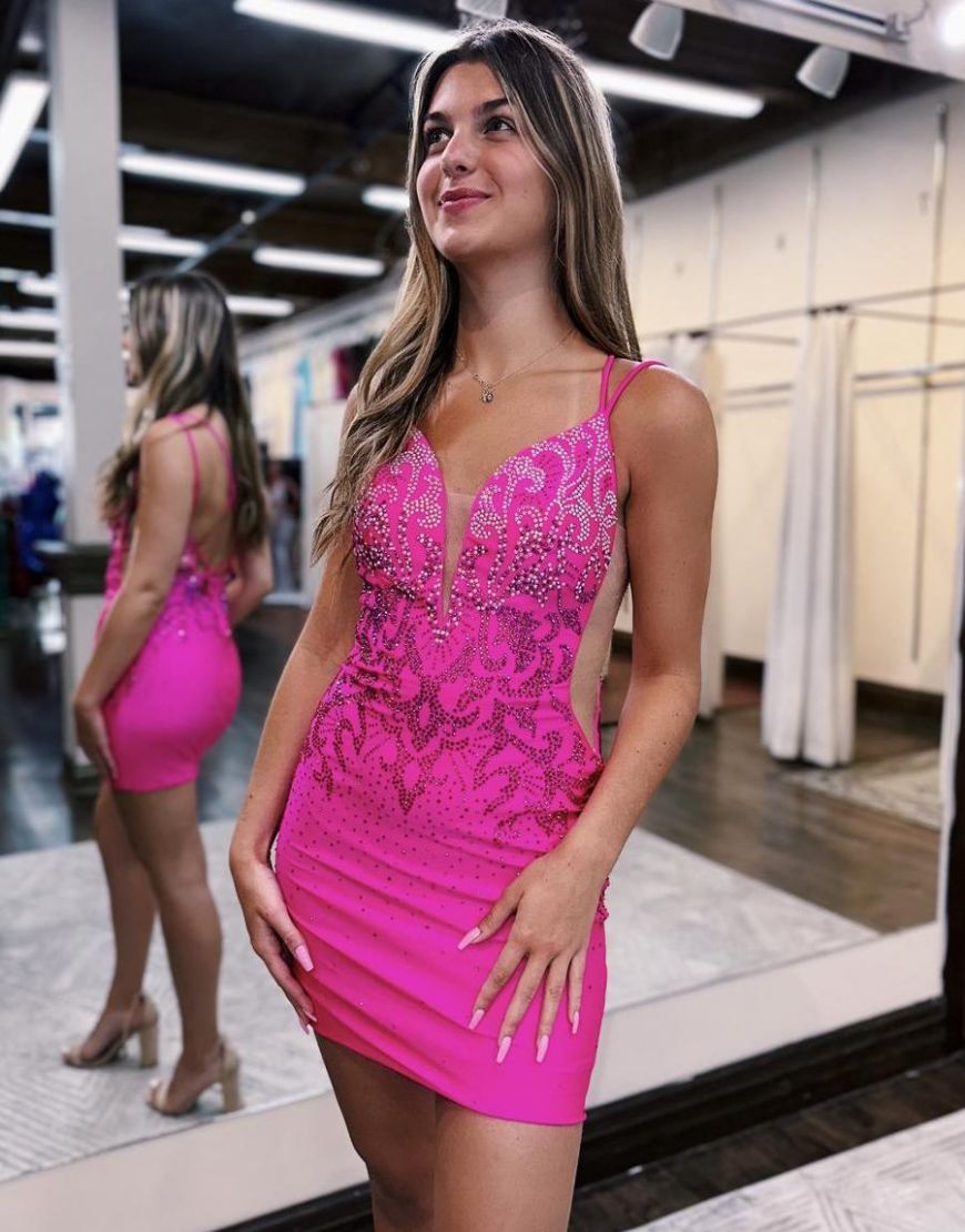 Sparkly Hot Pink Tight Short Glitter Homecoming Dress