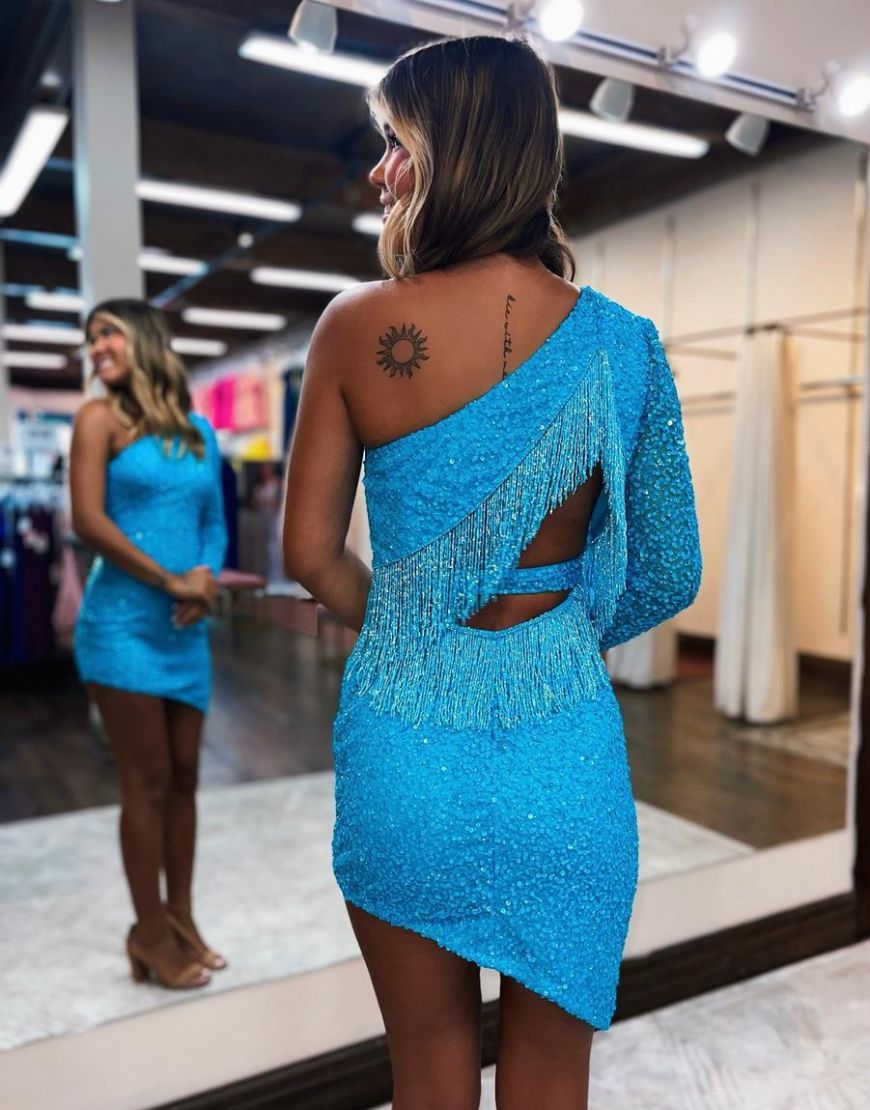 Sparkly One Shoulder Long Sleeves Sequin Homecoming Dress With Fringe