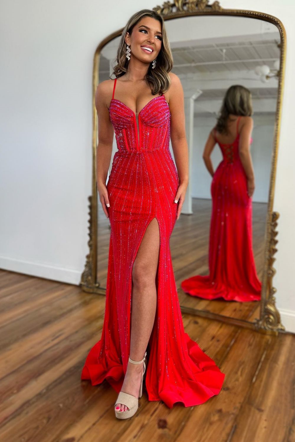 Sparkly Red Mermaid Spaghetti Straps Long Beaded Prom Dress With Split