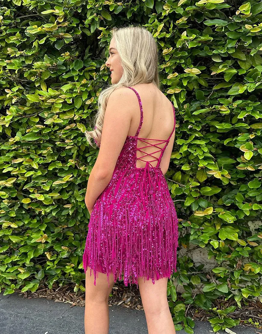 Sparkly Golden Sequins Spaghetti Straps Homecoming Dress with Tassels