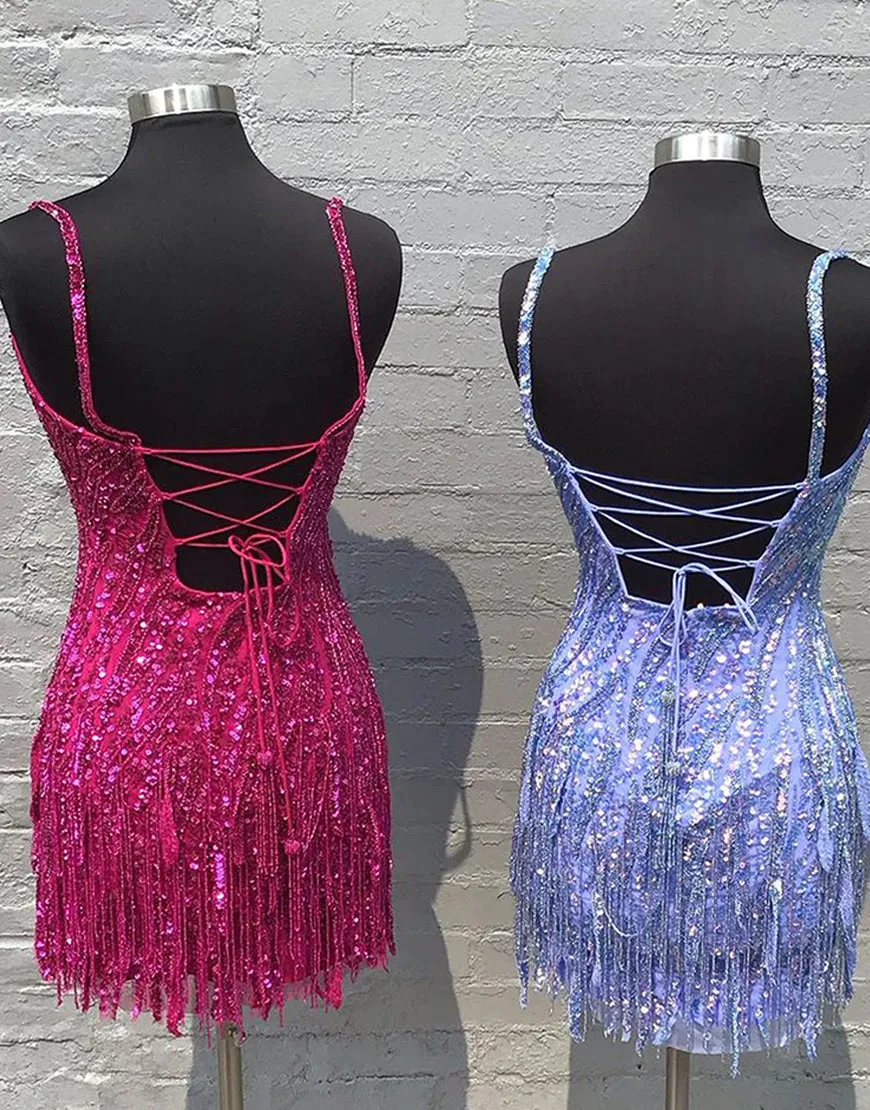 Sparkly Golden Sequins Spaghetti Straps Homecoming Dress with Tassels