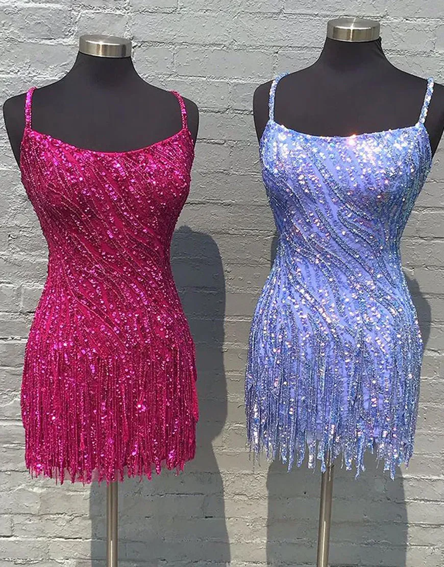 Sparkly Golden Sequins Spaghetti Straps Homecoming Dress with Tassels