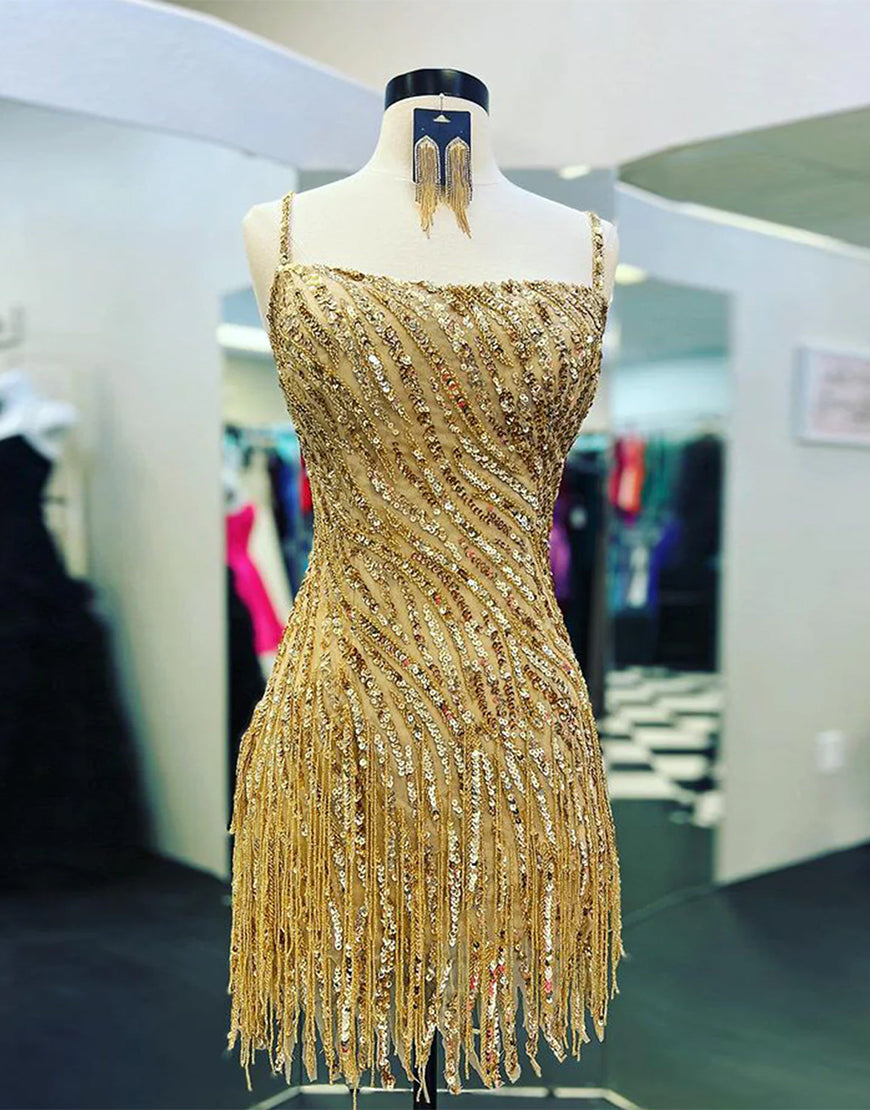 Gorgeous Spaghetti Straps Lace Up Sequin Homecoming Dress With Fringe