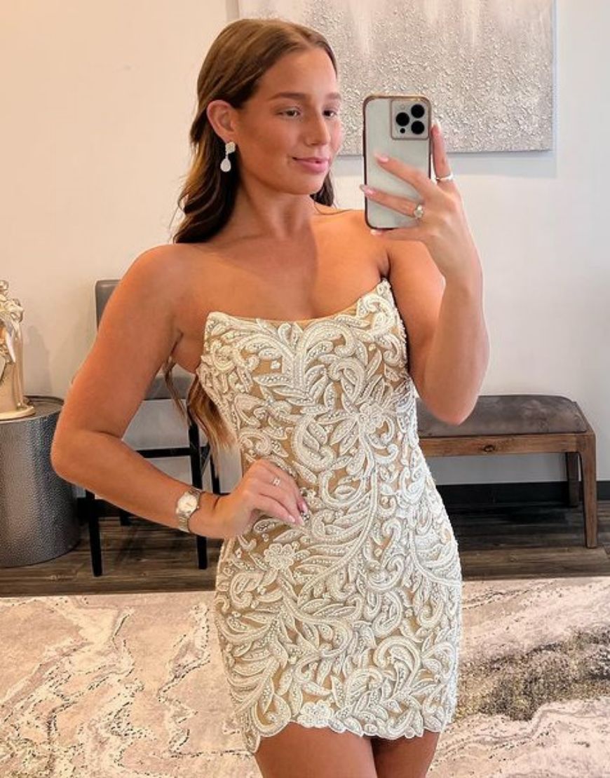 Strapless Champagne Bodycon Homecoming Dress With Beading