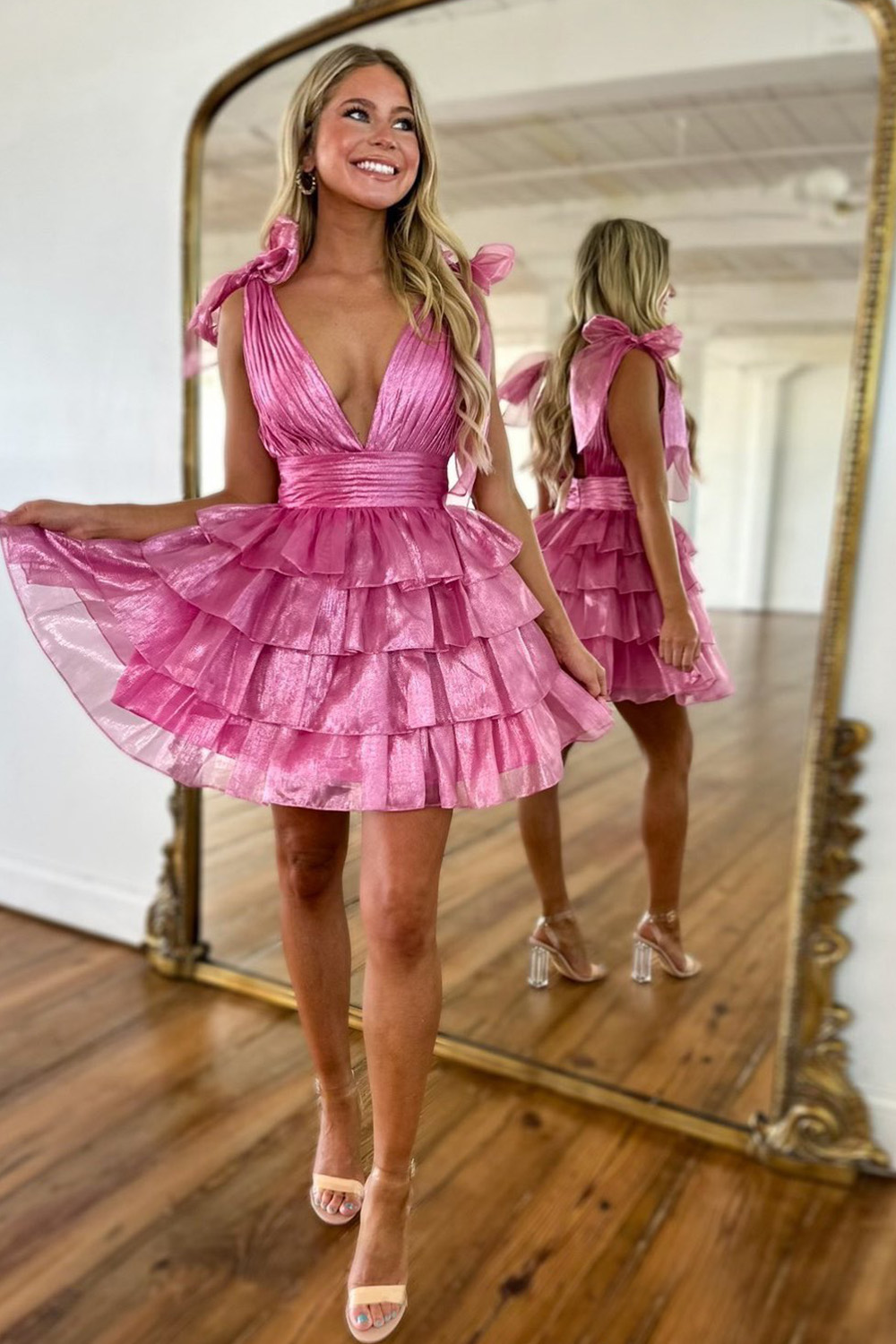 Cute A-Line Deep V-Neck Short Tiered Satin Homecoming Dress