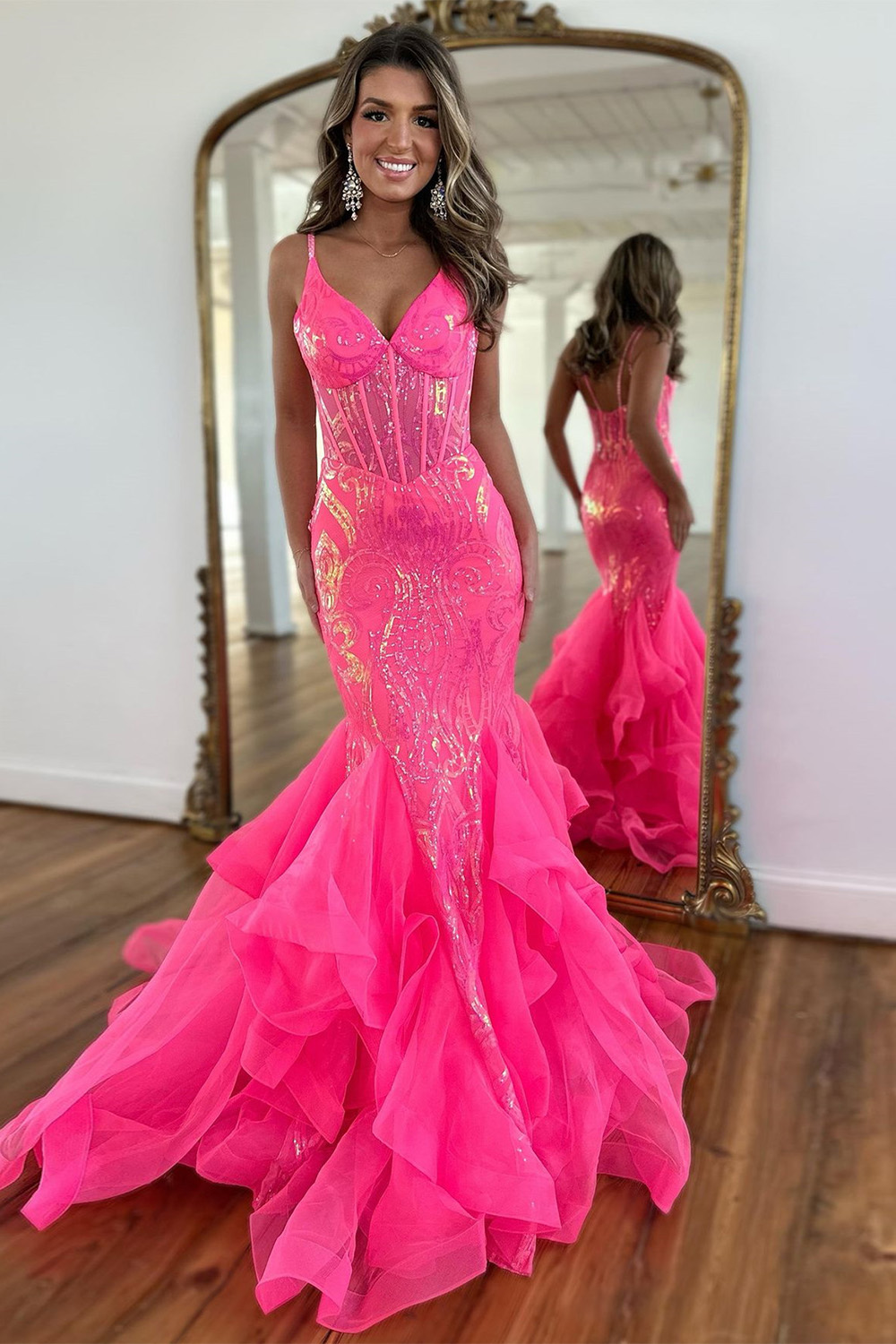 Stunning Hot Pink Mermaid Spaghetti Straps Long Glitter Prom Dress With Ruffles