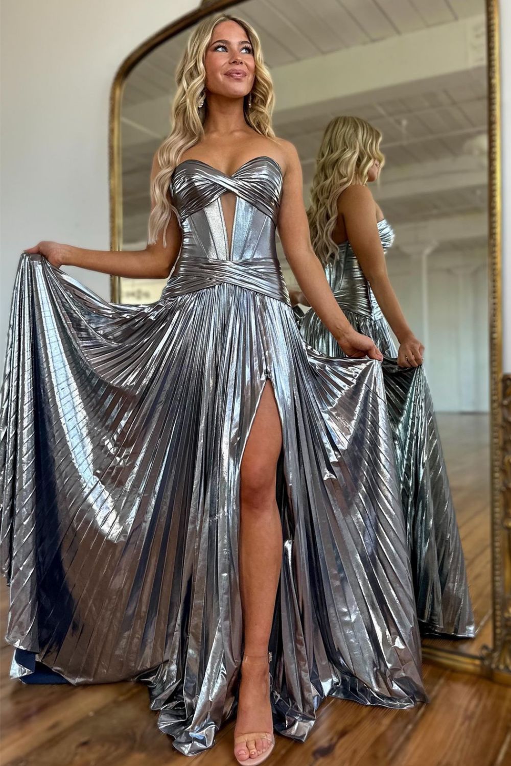 Stunning Silver Sweetheart Zipper Back Long Metallic Prom Dress With Slit