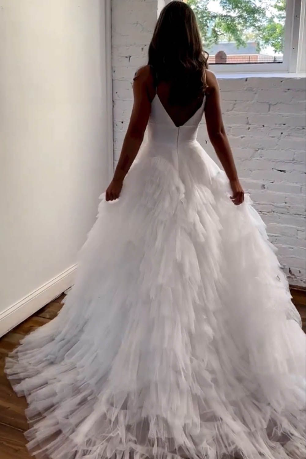 A-Line V-Neck Spaghetti Straps Long Tiered Tulle Prom Dress