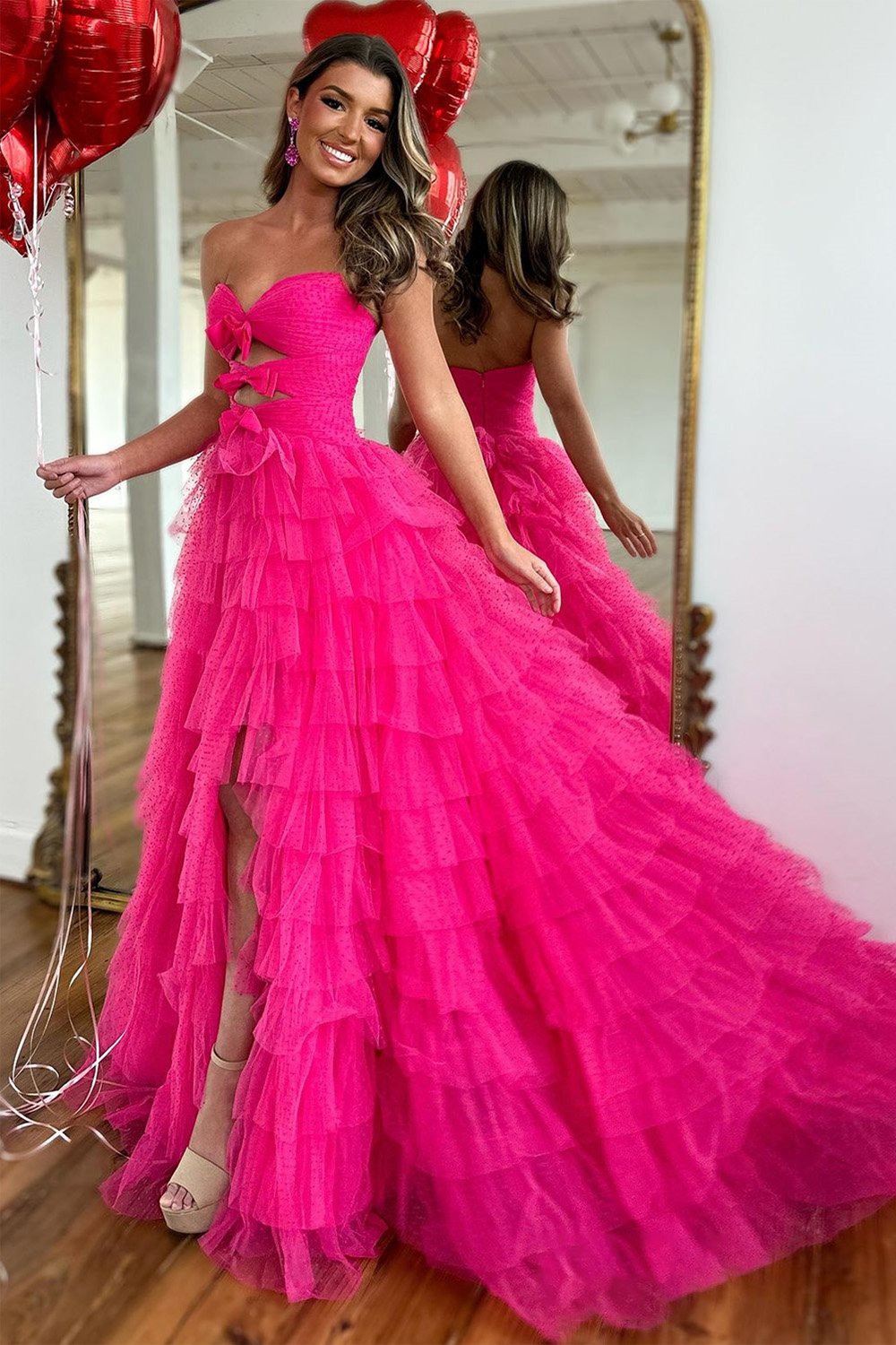 Stylish A-Line Sweetheart Long Layered Glitter Tulle Prom Dress With Slit