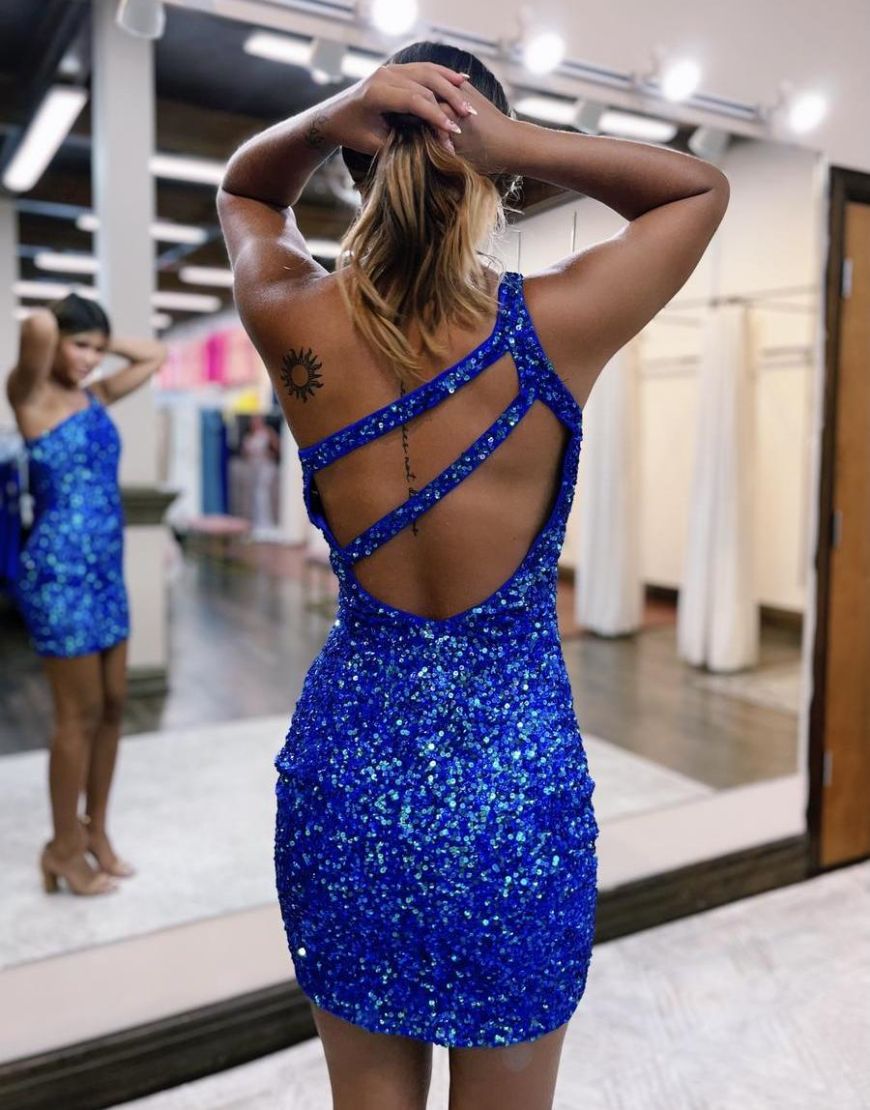 Stylish One Shoulder Glitter Sequin Homecoming Dress
