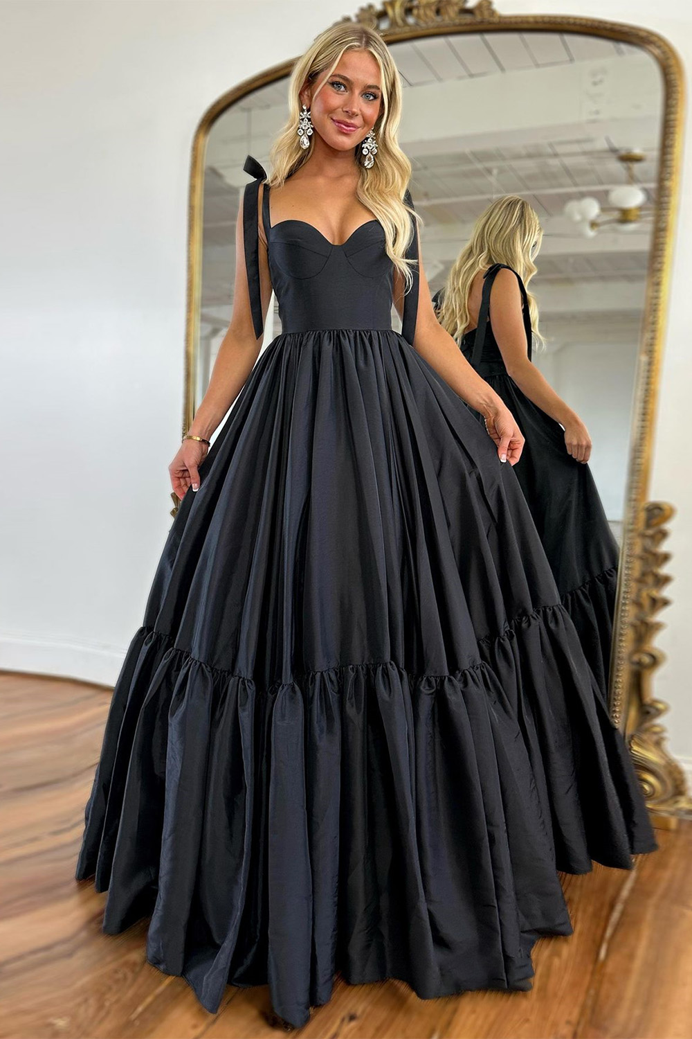 Sweet Black Princess A-Line Tie Straps Long Satin Prom Dress