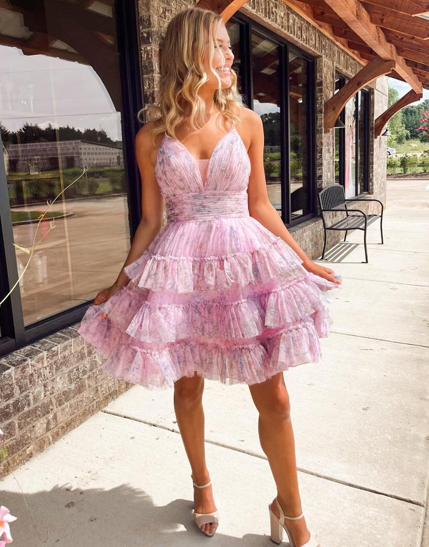 Sweet A-Line Lace Up Tiered Short Tulle Homecoming Dress