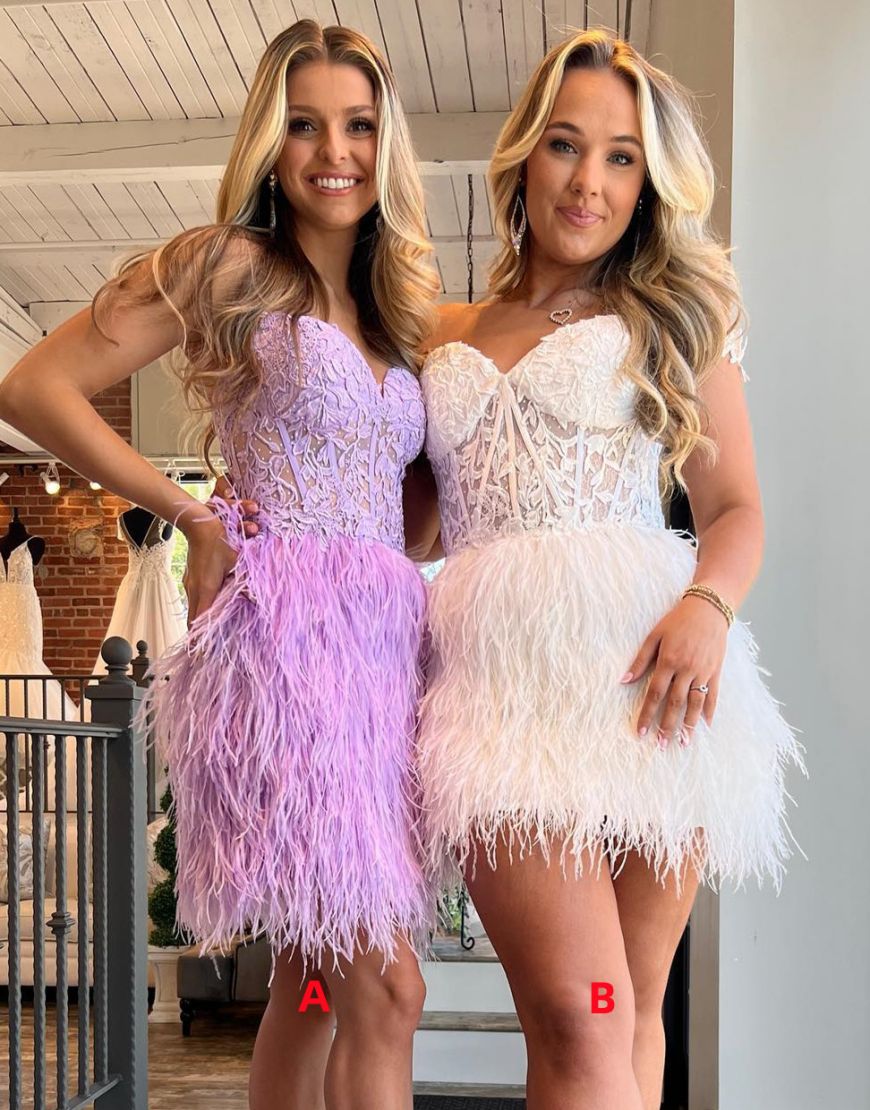 Sweetheart Lace Top Short Homecoming Dress With Feather