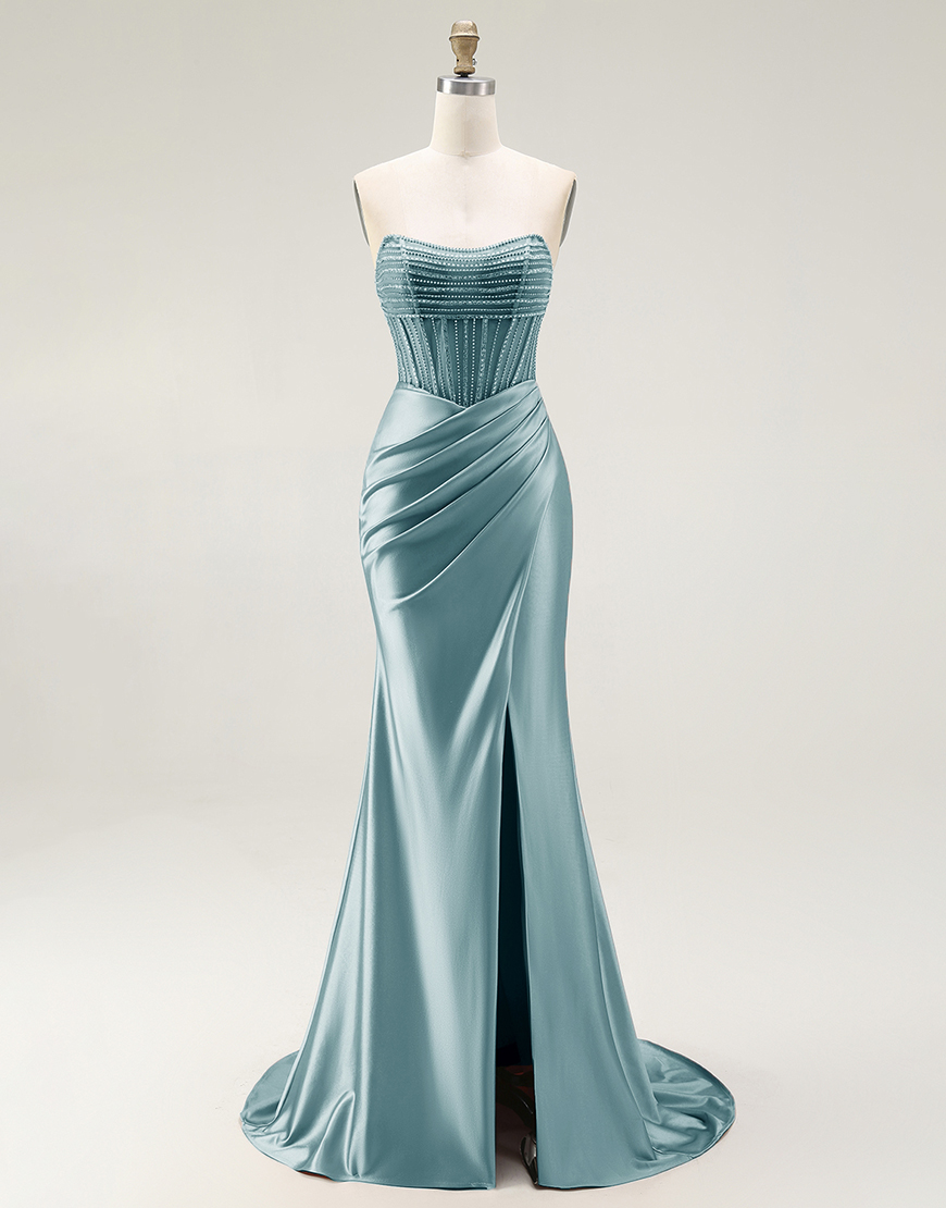 Sparkly Mermaid Blush Strapless Ruched Long Prom Dress with Slit