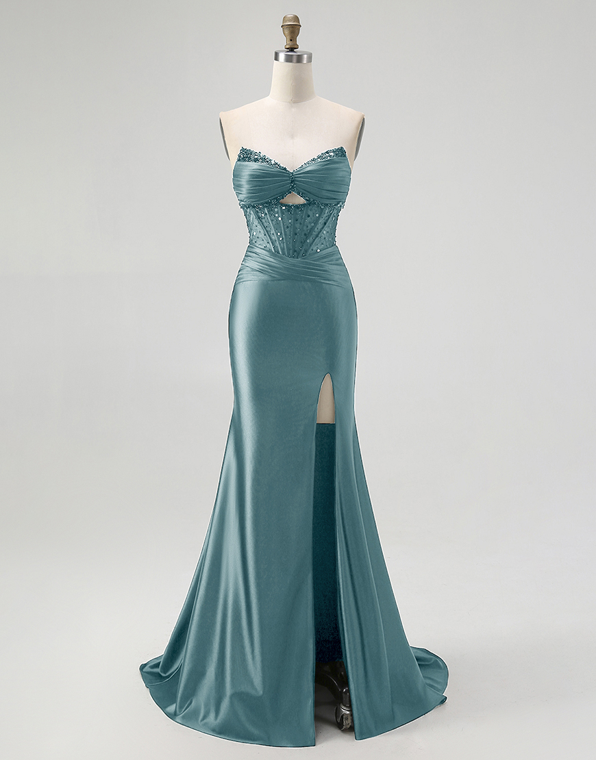 Sparkly Black Mermaid Sweetheart Long Satin Corset Prom Dress with Beading