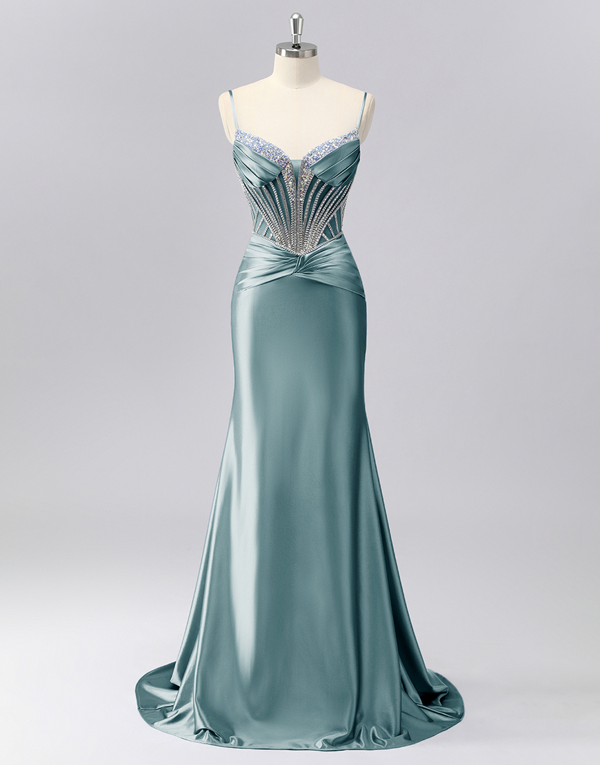 Sparkly Grey Blue Spaghetti Straps Mermaid Long Prom Dress with Beading