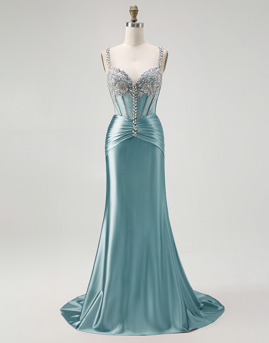 Sparkly Blush Mermaid Spaghetti Straps Long Corset Satin Prom Dress with Beading