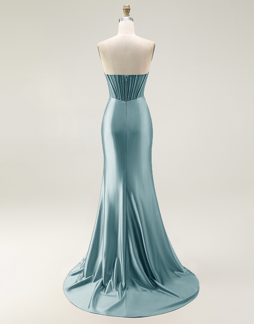 Sparkly Mermaid Blush Strapless Ruched Long Prom Dress with Slit