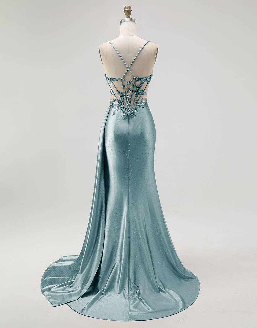 Sparkly Champagne Mermaid Spaghetti Straps Satin Long Prom Dress with Beading