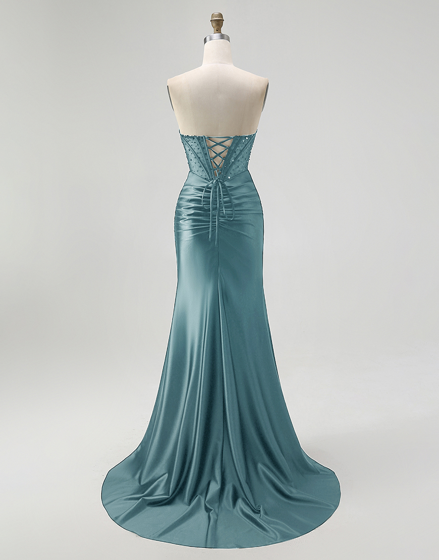 Sparkly Black Mermaid Sweetheart Long Satin Corset Prom Dress with Beading