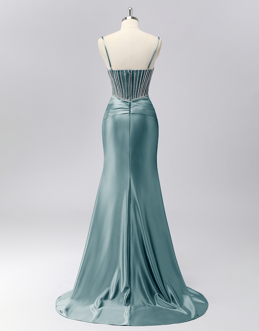 Sparkly Grey Blue Spaghetti Straps Mermaid Long Prom Dress with Beading