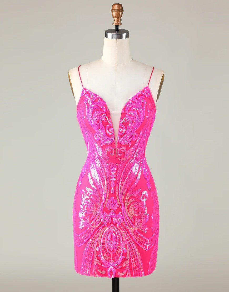 Sparkly Hot Pink Spaghetti Straps Tight Sequins Homecoming Dress