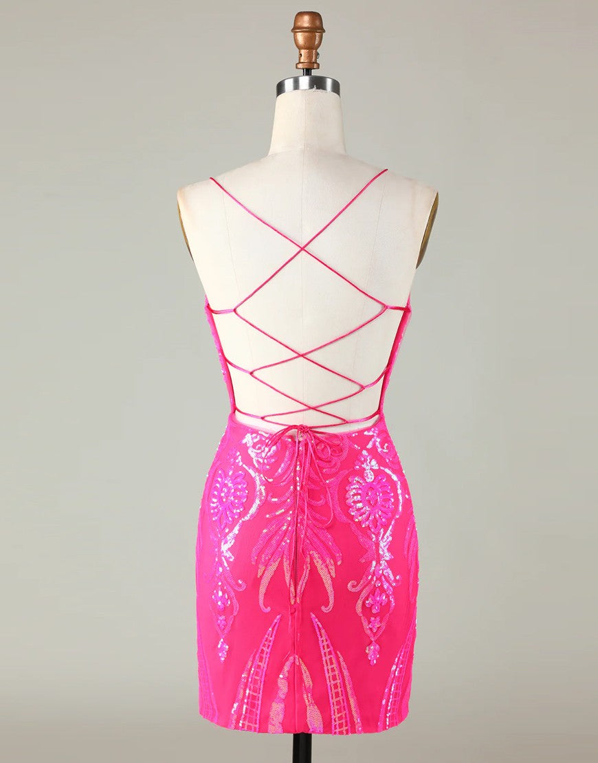 Sparkly Hot Pink Spaghetti Straps Tight Sequins Homecoming Dress