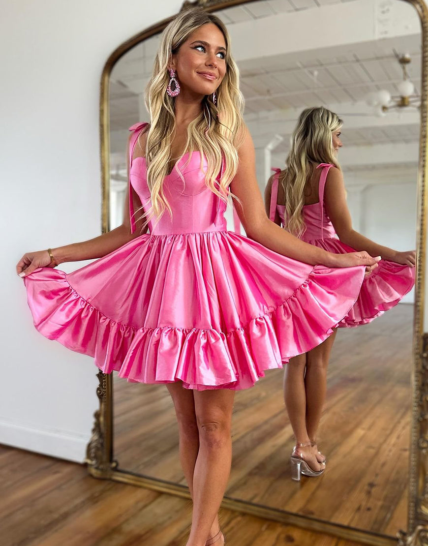 Trendy Hot Pink Tie Straps A-Line Short Satin Homecoming Dress