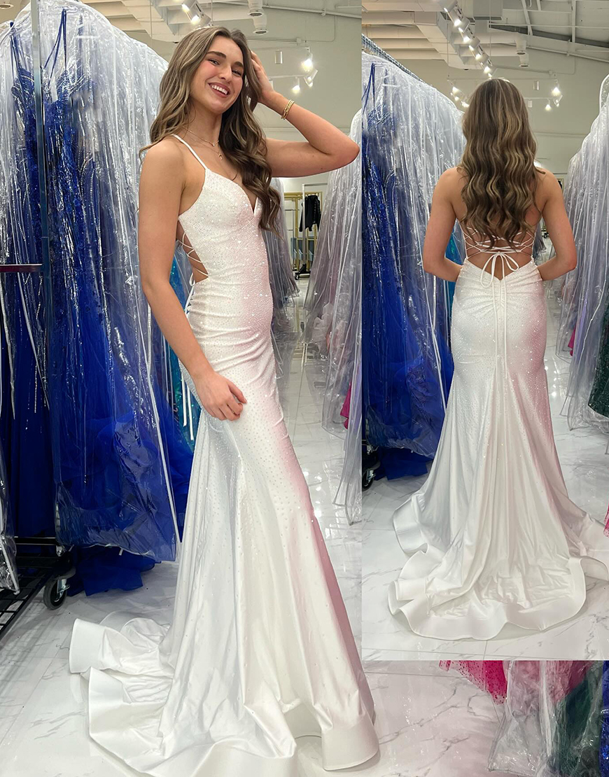 Sparkly Red Mermaid Spaghetti Straps Beaded Long Prom Dress