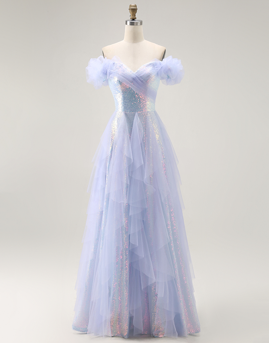 Sparkly Light Blue Off the Shoulder Sequins Long Prom Dress with Ruffles