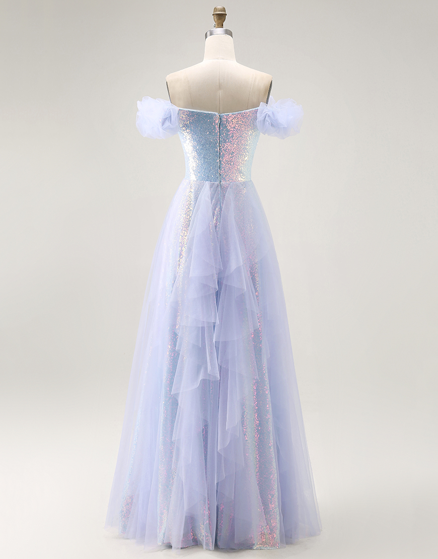Sparkly Light Blue Off the Shoulder Sequins Long Prom Dress with Ruffles
