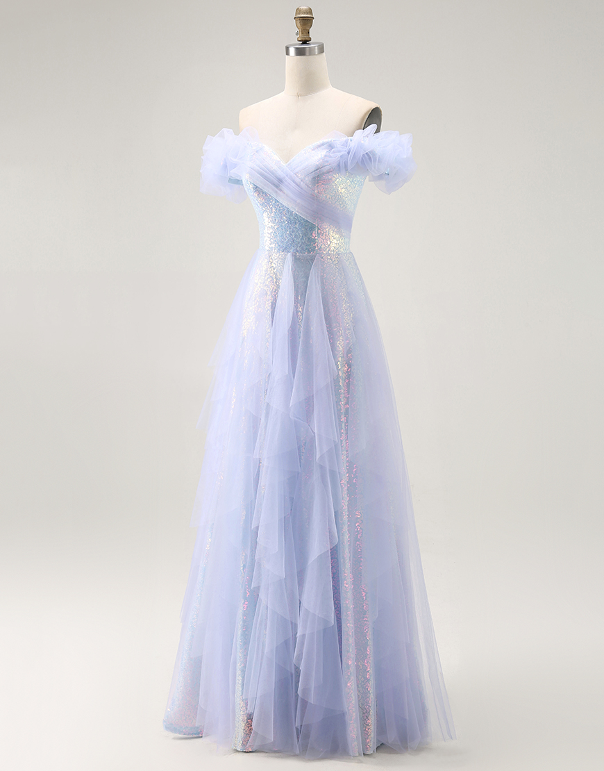 Sparkly Light Blue Off the Shoulder Sequins Long Prom Dress with Ruffles